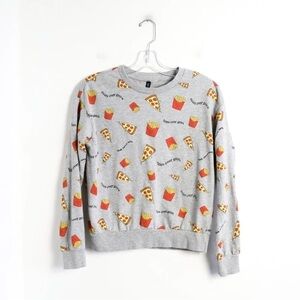 H&M Pizza print pullover fast food fun top grey fries over guys breakup cotton S